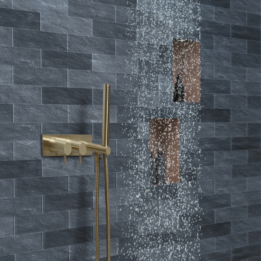 Product Lifestyle image of the JTP Vos Brushed Brass Thermostatic Concealed Shower Valve with Handset